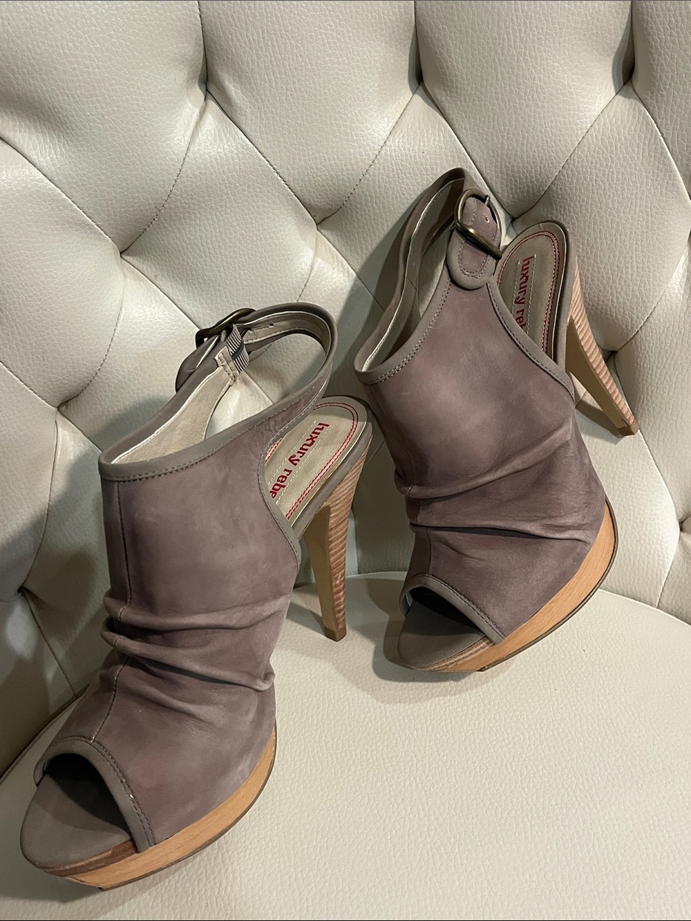 luxury rebel taupe Suede Open-Toe Slingback Heels 39.5 Size 8.5